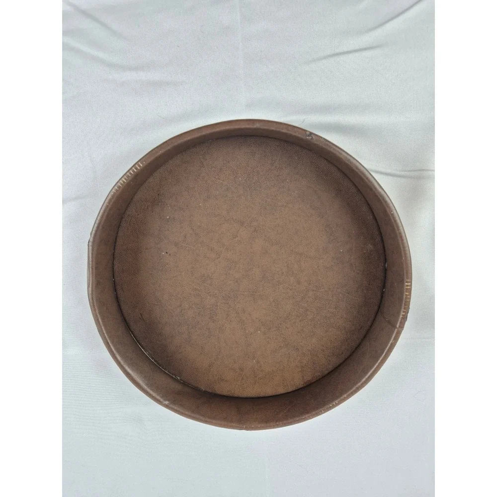 Vintage MCM Glass Ashtray Faux Leather Holder Heavy‎ Brown Bar Decor 8.25 - Picture 4 of 7